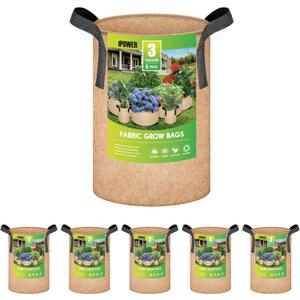 iPower 5-Pack 3 Gallon Plant Grow Bags Thickened Nonwoven Aeration Fabric Pots Heavy Duty Durable Container, Strap Handles for Garden, Tan