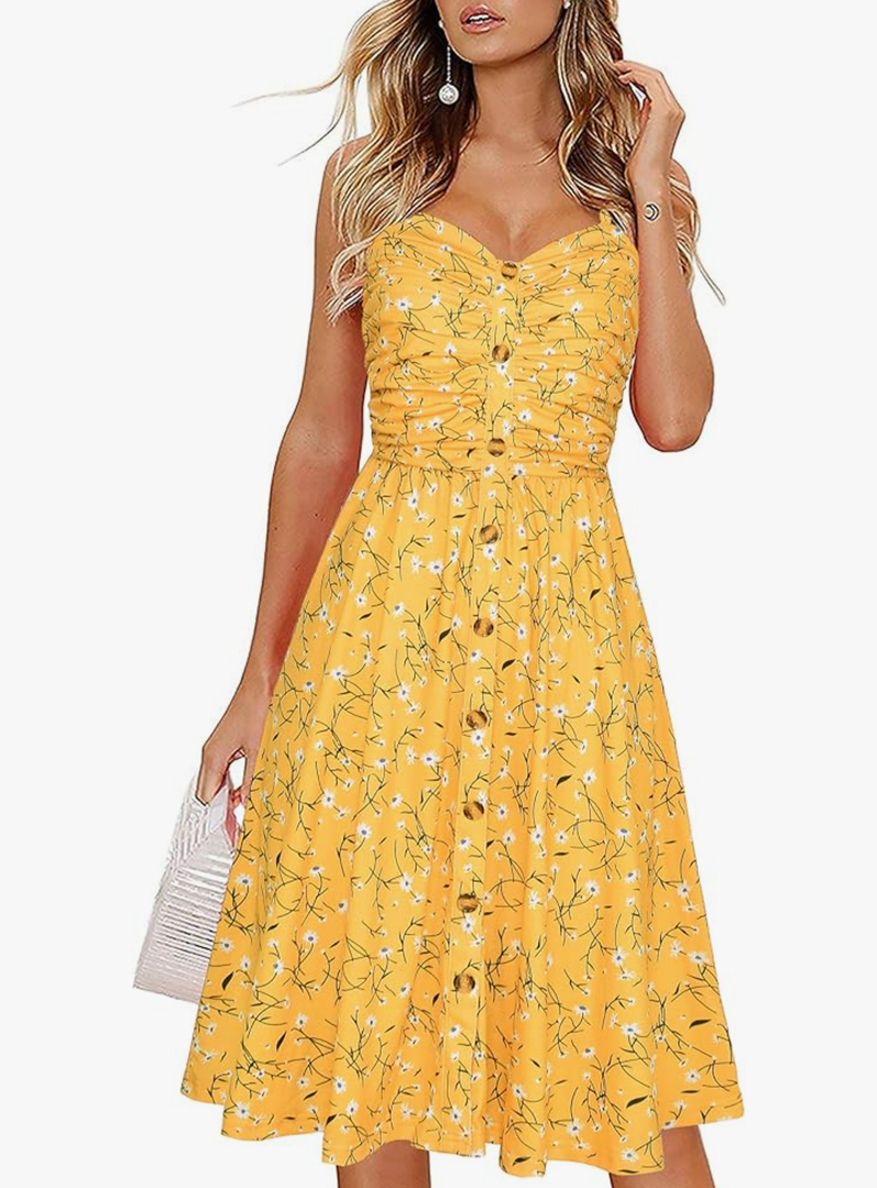Women's Summer Casual Dress Florals Buttons Down Ruched Sweetheart Neck Sleeveless Midi Sundress, Size Small Women's Summer Casual Dress Florals Buttons Down Ruched Sweetheart Neck Sleeveless Midi Sundress, Size Small