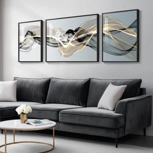 Large Framed Modern Luxury Abstract Wall Art for Living Room, 3 Piece Minimalist Prints Paintings Artwork for Walls, Black White Gold Abstract Line Pictures for Hallway Dining Bedroom Office Wall Decor 24" H x 64" W (Total Size)