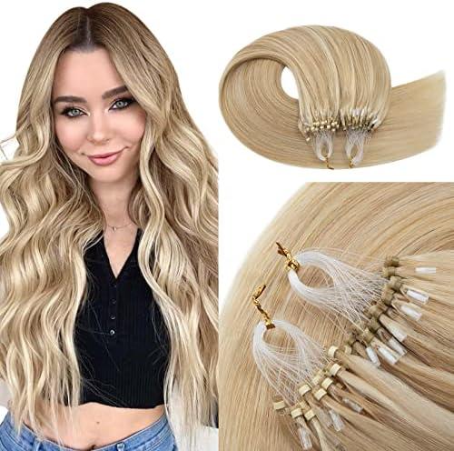 TESSHAIR Micro Loop Hair Extensions, 100% Remy Human Hair, Microlink Extensions, No Tangle & Smooth, 50 Strands 50g, 14 Inch #Blonde & Bleach Blonde