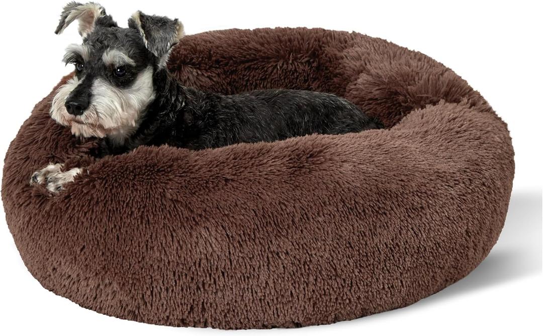 Bedsure Calming Dog Bed for Small Medium Dogs - Donut Washable Medium Pet Bed, 27 inches Anti-Slip Round Fluffy Plush Faux Fur Cat Bed, Coffee