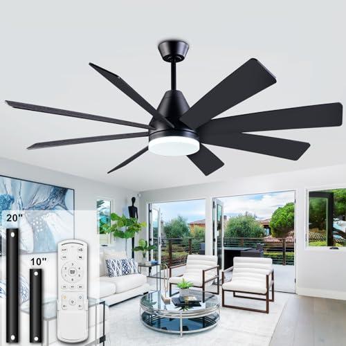 ducrew 62-inch Lighted Ceiling Fan - Black, with Remote Control, Full Memory Function, Quiet Operation, Ideal for Garages or Living Rooms, 8 Double-Sided Wooden Blades, Easy Installation