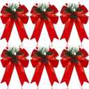 Syhood 6 Pcs Christmas Bows with Pine Cones Pine Needles Xmas Velvet Bows Red Ribbon Christmas Tree Wreath Decoration for Xmas Parties Indoor Outdoor Crafts DIY Decor