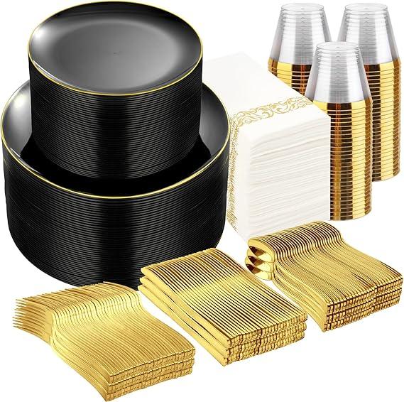 700PCS Black and Gold Disposable Dinnerware Set - Includes 100 Black Plastic Plates, 100 Dessert Plates, 100 Gold Plastic Silverware Set, 100 Cups 9 OZ, 100 Napkins Ideal for Wedding Party Birthday