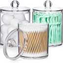 AOZITA 3 Pack Acrylic Qtip Holder Dispenser for Cotton Swab, Ball, Round Pads, Floss Picks - 10 oz Clear Plastic Apothecary Jar Set for Bathroom Canister Storage Organization, Vanity Makeup Organizer