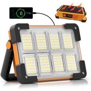 120W Solar Rechargeable Work Light, 144 LED 10000LM Led Work Light with 4 Modes, Portable Flood Light with Stand, IP66 Waterproof Outdoor Working Light for Emergency Mechanic Camping Repair (Yellow)