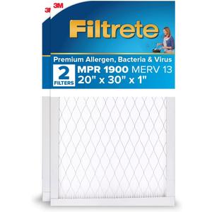 Filtrete 20x30x1 AC Furnace Air Filter, MERV 13, MPR 1900, Premium Allergen, Bacteria & Virus Filter, 3-Month Pleated 1-Inch Electrostatic Air Cleaning Filter, 2-Pack (Actual Size 19.81x29.81x0.78 in)