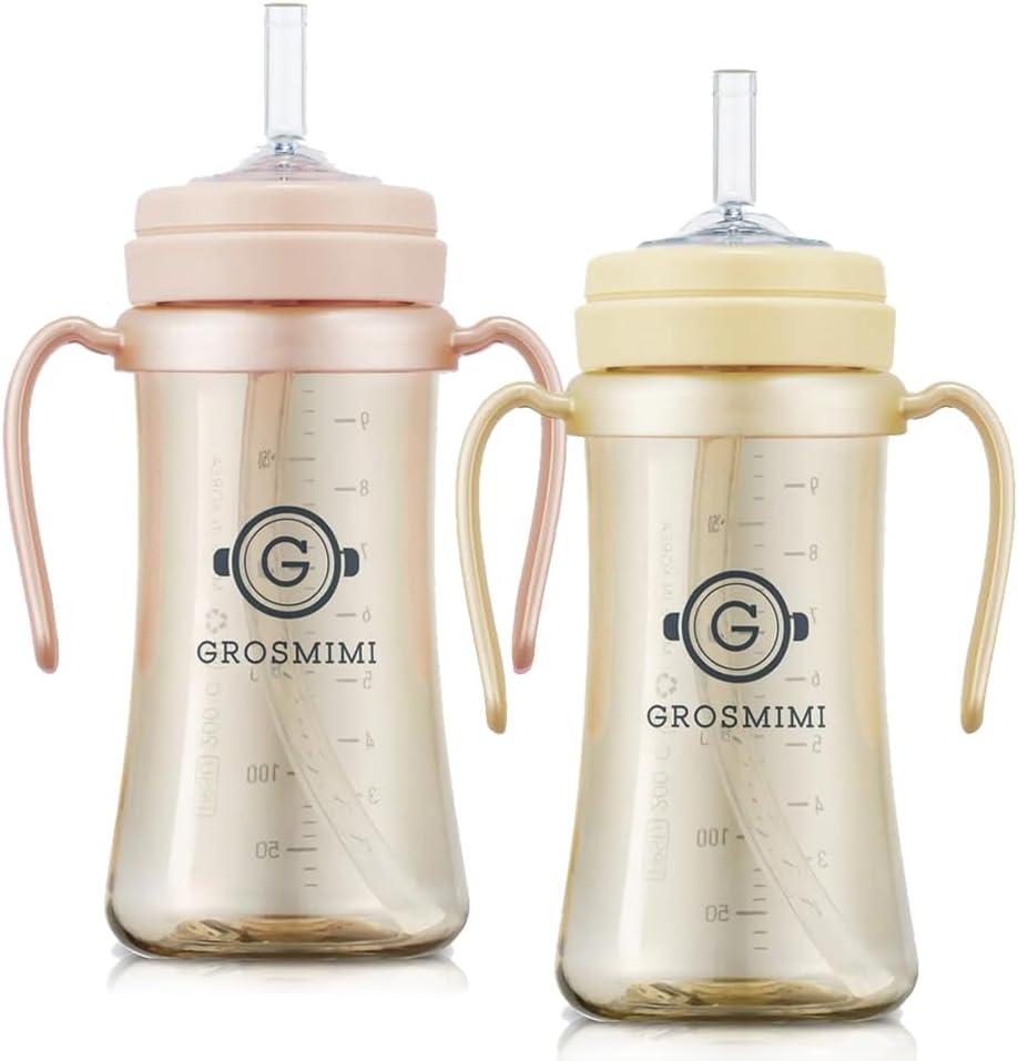 GROSMIMI Spill Proof Magic Sippy Cup with Straw with Handle for Baby and Toddlers, PPSU, BPA Free 10 oz. 2-pack (Peach & Butter)