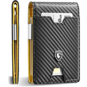 GSOIAX Men's Slim RFID Blocking Leather Wallet with Money Clip Minimalist Carbon Fiber Bifold Credit Card Holder 11 Card Slots Gift Box Included(Carbon Yellow)