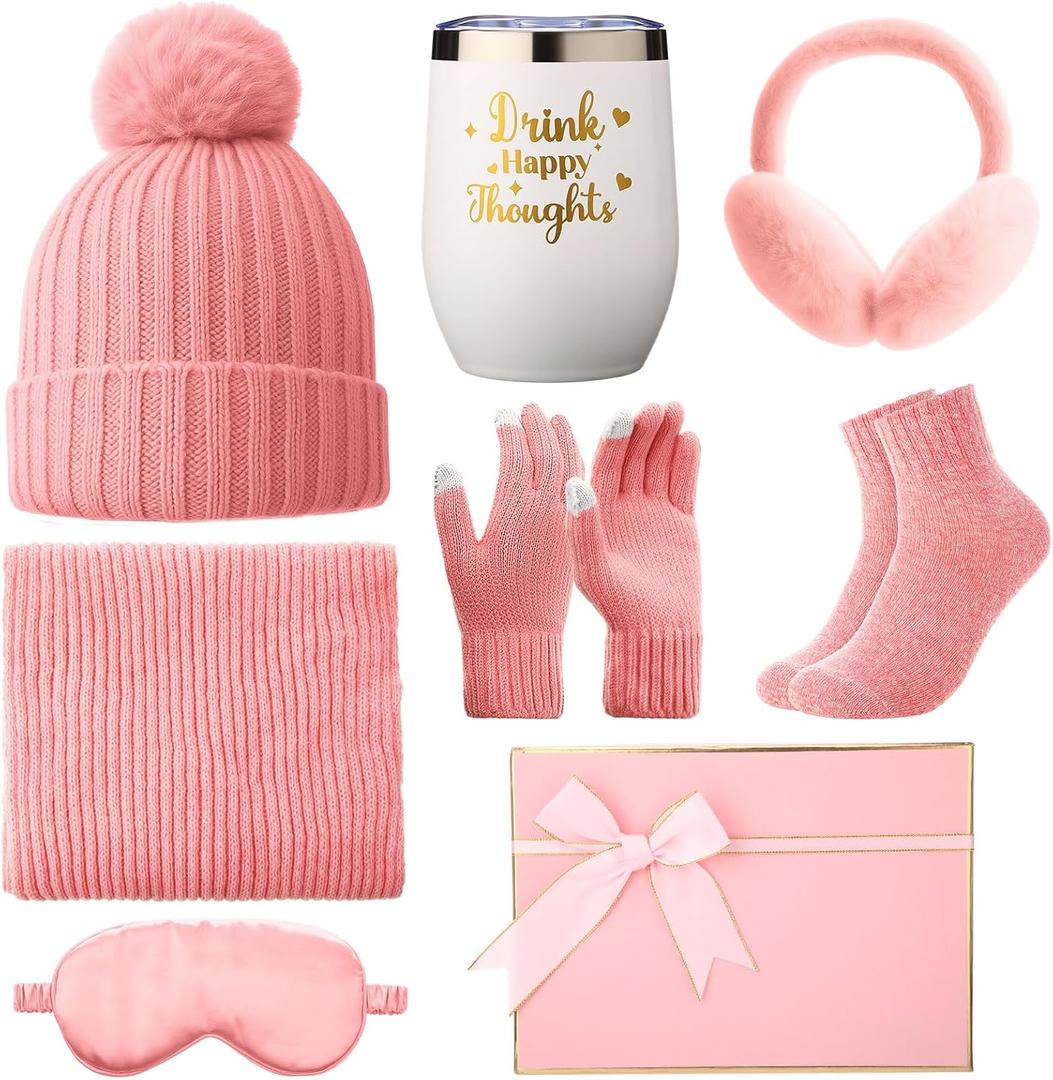 Sieral 8 Pcs Winter Gift Sets for Women Pink Baskets Gifts Get Well Soon Winter Gift Box Care Package for Girl Wife Mother Daughter Sister Teacher Nurse Female Friend Birthday Supplies (Pink)