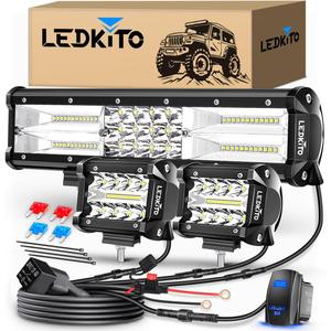 12 Inch LED Light Bar and 2PCS 4In LED Cube Pods Light Work Driving Lamp with Rocker Switch 3Lead Wiring Harness Kit Off Road Lights Spot Flood Combo Lights for ATV UTV SUV Truck Tractor Boat