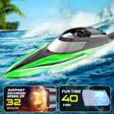 BEZGAR RC Boat, 14 inch Remote Control Boat - Self-righting, 40 Min Dual-Battery, 32 KPH Fast RC Boats for Kids & Adults with LED Lights for Pool, Lake, Ocean, Waterproof & Suitcase - Green, 9.06 x 15.75 x 5.12 inches