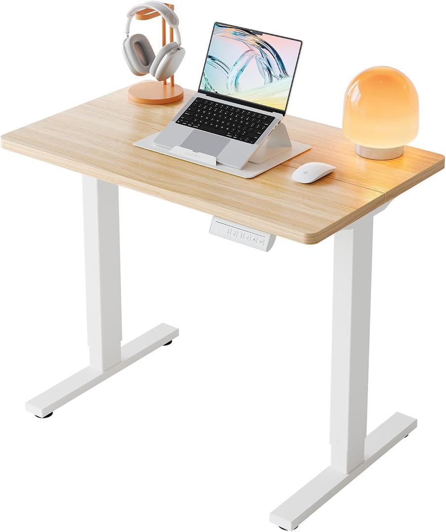 HUANUO 32" Small Electric Standing Desk Adjustable Height, 4 Memory Height Settings, Sit Stand Up Desk for Home Office & Computer Workstation, Light Walnut