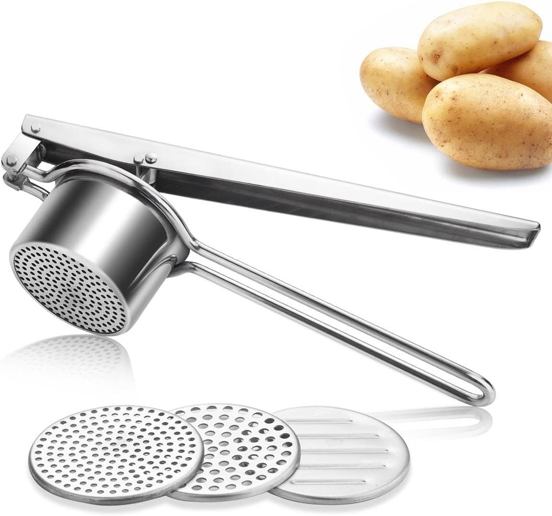 Potato Masher,Stainless Steel Potato Ricer Kitchen Tool for Smooth Mashed Potatoes and Cauliflower Rice (3 Changeable Discs)
