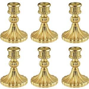 Glass Candlestick Holder,Striped Taper Candle Holders,Set of 6 Candle Stand for Table Centerpieces, Home Decor,Weddings,Festival and Parties (Gold Stripe)