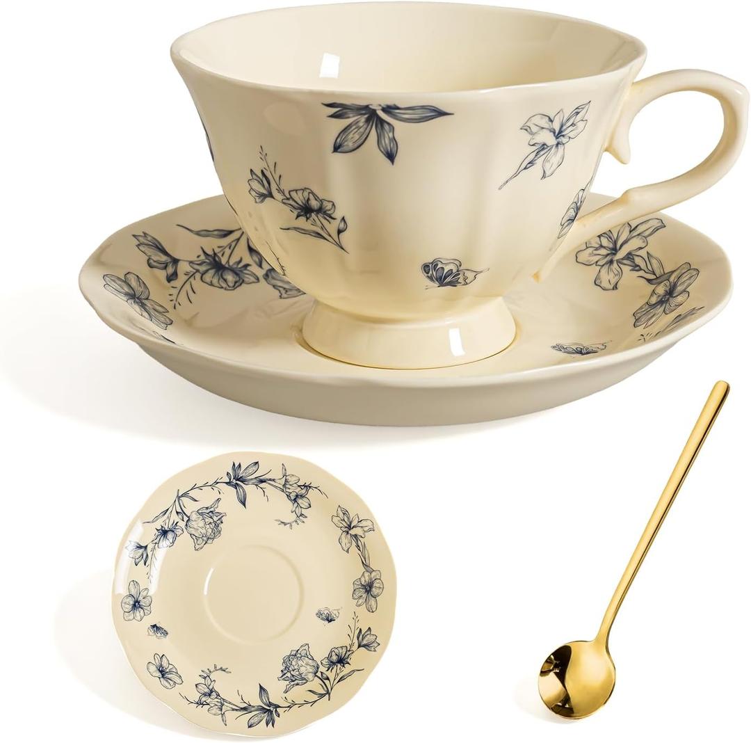 BOGZH Porcelain Vintage Tea Cup and Saucer Set for 1, 8 oz China Ceramic Coffee Mug with Gold Spoon, Small Latte Art Cappuccino Cup, Cream Blue Floral Design, tea party gifts for women