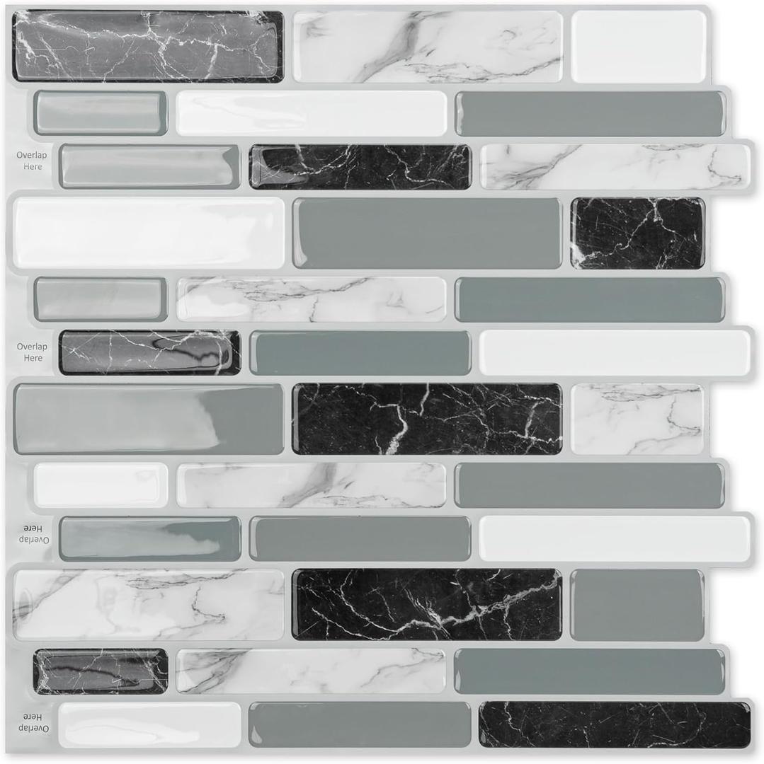 Art3d Peel and Stick Wall Tile for Kitchen Backsplash, 12"x12", (10 Tiles) (Gray)