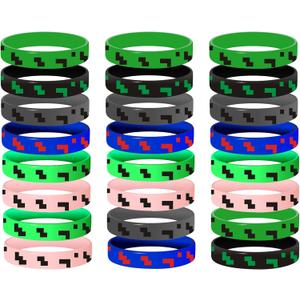 Randota 24 Pcs Pixel Silicone Bracelets for Kids - Party Favors, Birthday Decorations, Valentines Day Classroom Gifts, Small Size Geometric Theme Wristbands