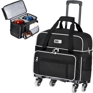 CAB55 2 Ball Bowling Bag with 4 Wheels, Double Bowling Ball Bag with Separate Shoe Compartment, (Up To US Men Size 16), and Multiple Multifunctional Accessory Pockets (Black)