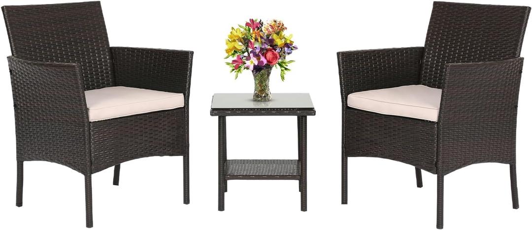 FDW Patio Bistro Conversation Set Wicker Furniture 2 Rattan Chairs Cushions and Glass Coffee Table for Porch Lawn Garden Balcony Backyard, 3 Pieces, Brown and Khaki
