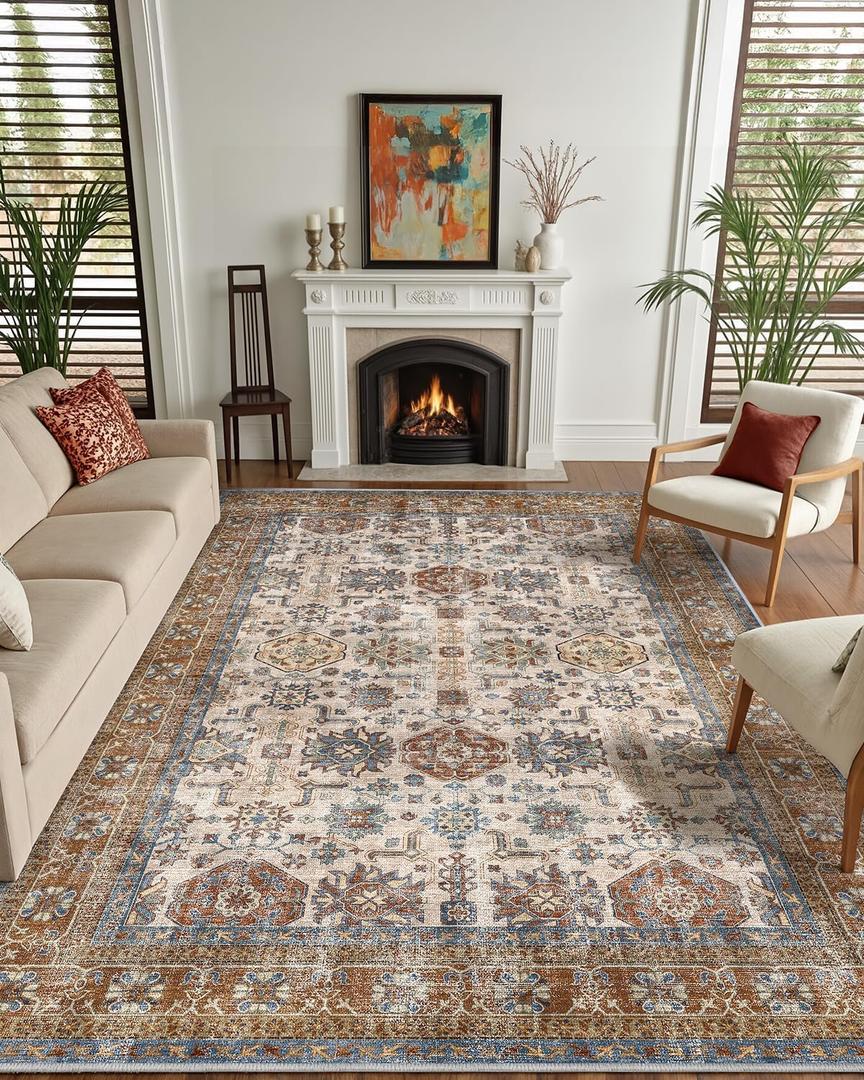 Color&Geometry 5x8 Machine Washable Low Pile Area Rugs for Living Room, Thin Soft Vintage - Floral Area Carpet with Non Slip TPE Backing for Bedroom, Dining Room, Beige and Red