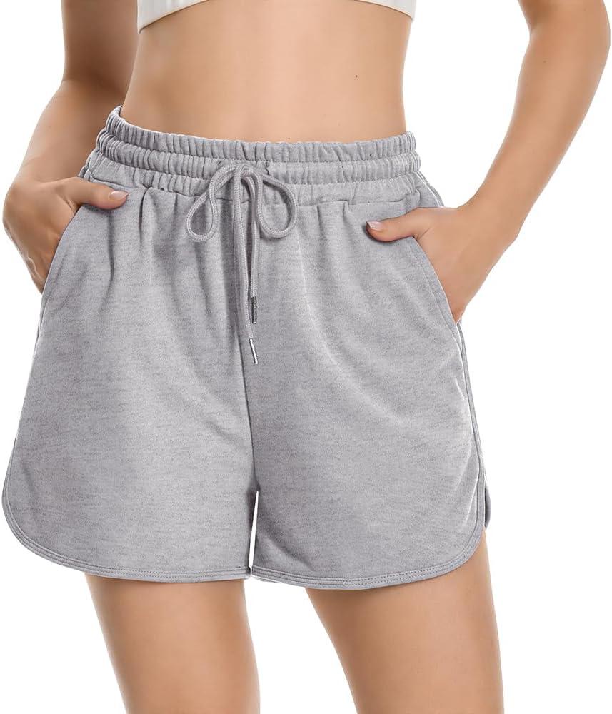 Womens Casual Sweat Shorts Curvy Hem Summer Cotton Lounge Shorts Drawstring Jersey Athletic Workout Shorts with Pockets (Gray, XL)