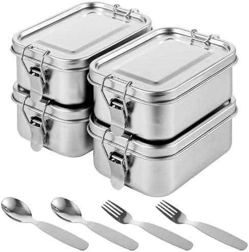 TIMCORR 4 PCS Stainless Steel Bento Boxes,550ml 304 Lunch Boxes Containers Set,Food Storage Containers,Snack Box Metal Lunch Containers,Includes 2 Forks and 2 Spoons,Snack Boxes for Adults
