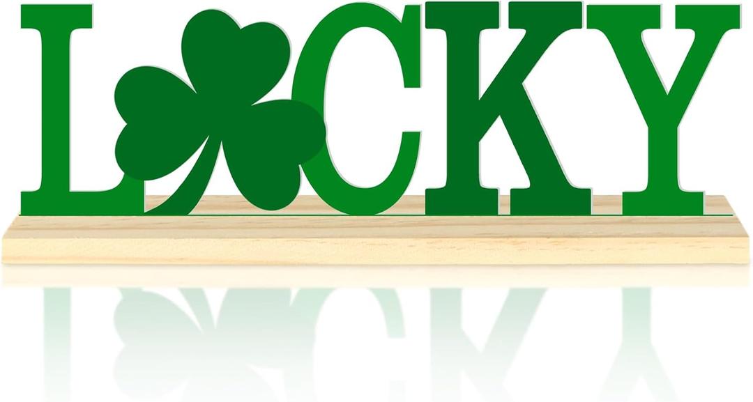 Metal St. Patricks Day LUCKY Table Sign, St. Patricks Day Tabletop Decoration with Wood Base, Green Shamrock Holiday Centerpiece Sign Decor for Home, Office, Shelf, Mantel Party Supplies