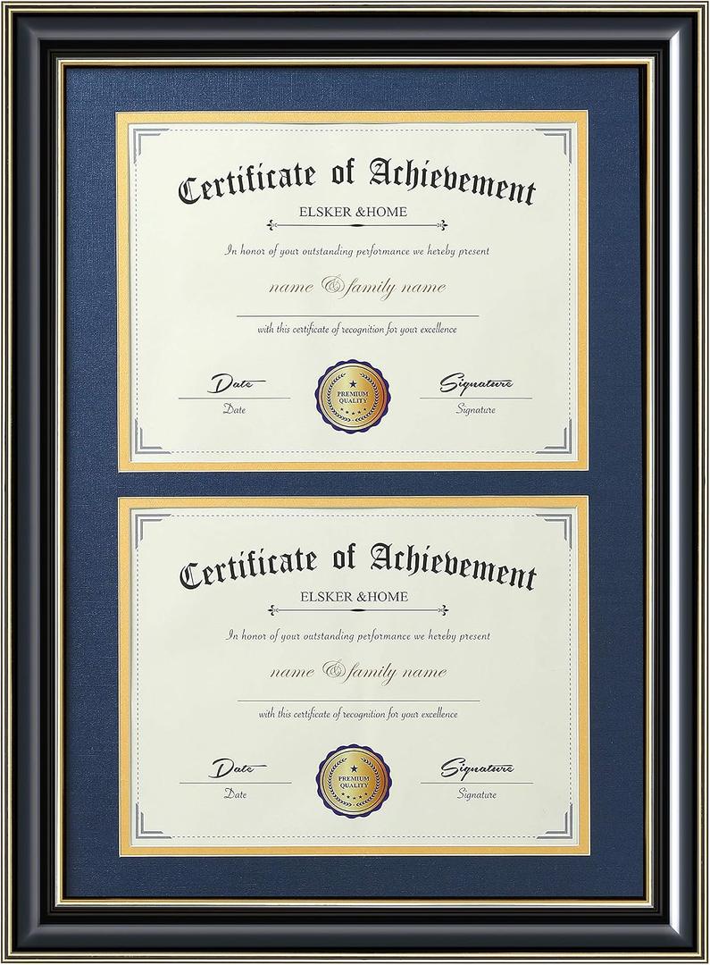 ELSKER&HOME Double Diploma Frame Wood-Made for Certificates&Document for Two 8.5x11 Inch with Mat and 13.5x20 Inch Without Mat for Documents Certificates (Double Mat, Navy Mat with Golden Rim), 2x with mat