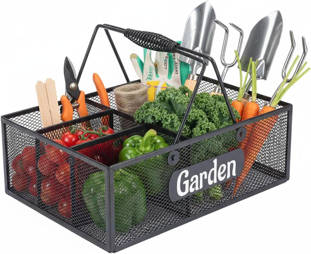 Garden Tool Storage, 4 Compartments Metal Mesh Garden Caddy, Portable Garden Basket with Handles, Gardening Tool Organizer for Indoor and Outdoor, Gardener Gift for Gardening Lovers, Black