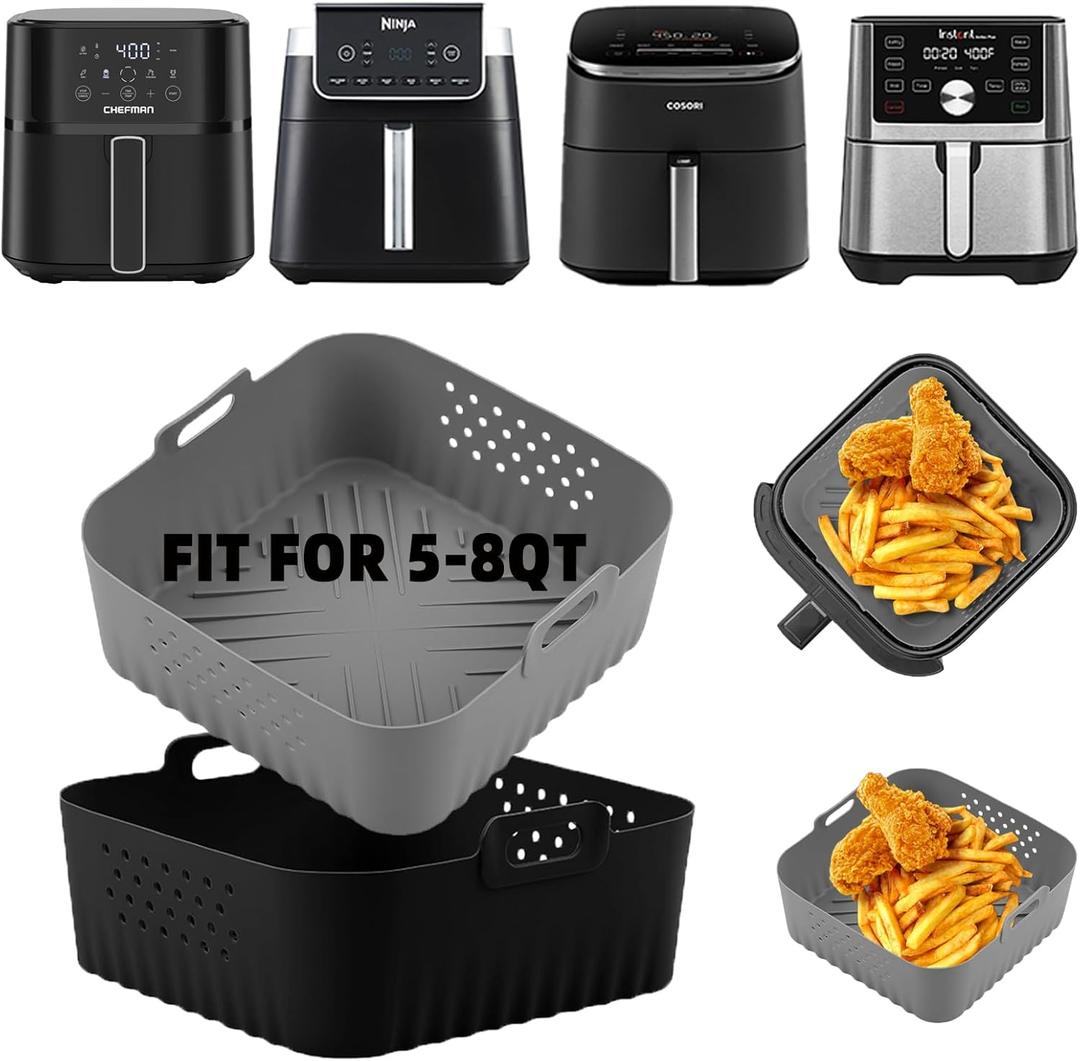 LYHOLKEER Air Fryer Silicone Liners for COSORI Air Fryer 9-in-1 5QT 5.8QT 6QT 6.8QT,2 Pcs Reusable Square Airfryer Liners for Ninja/Instant Pot Vortex Plus/Paris Hilton/Chefman/Cuisinart/Gourmia 6QT (Grey+Black)