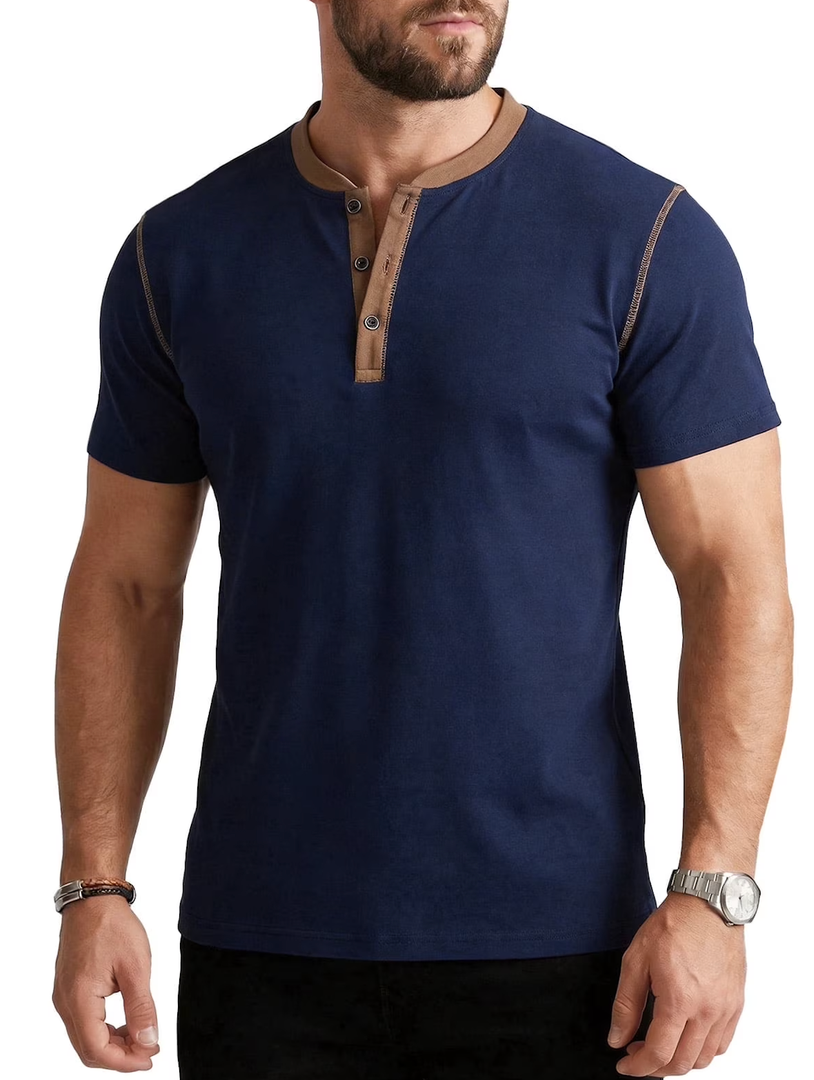 Mens Henley Shirts Short Sleeve Cotton Blend Slim Fit T-Shirts Breathable Moisture Wicking Athletic Casual Workout Tee (Blue, L)
