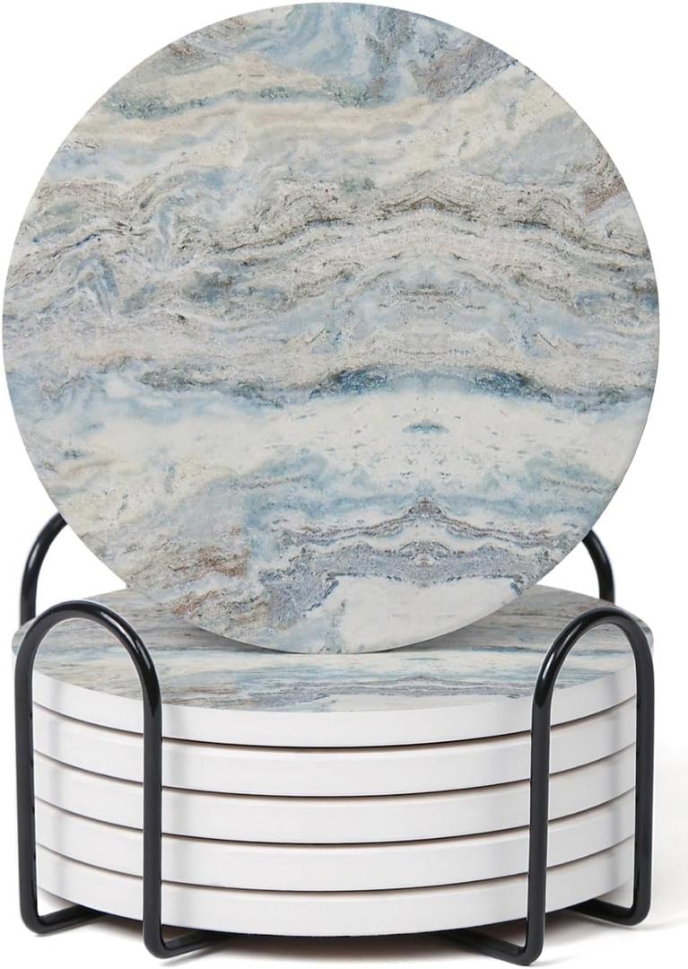 Set of 6 Mix Color Abstract Onyx Marble Coasters with Holder, Absorbent Ceramic Coasters for Drinks, Coasters with Cork Backing for Table Protection, Home Decor, Coffee Table Decor