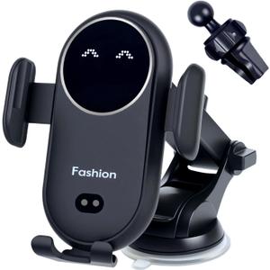 Wireless Car Charger Mount with Air Vent Clip & Suction Base, 15W Fast Auto-Clamping Charging Phone Holder for iPhone 17/16/15/14, Samsung S24/S23, etc.(Black)