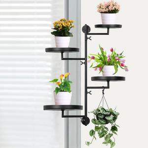 Rotating Window Plant Shelves, 4-tier Metal Plant Stand, Wall Mounted Plants Holder, Indoor&Outdoor Garden Multiple Flower Display Rack, Presents for Plants Lovers (Black-round) (Black-round)