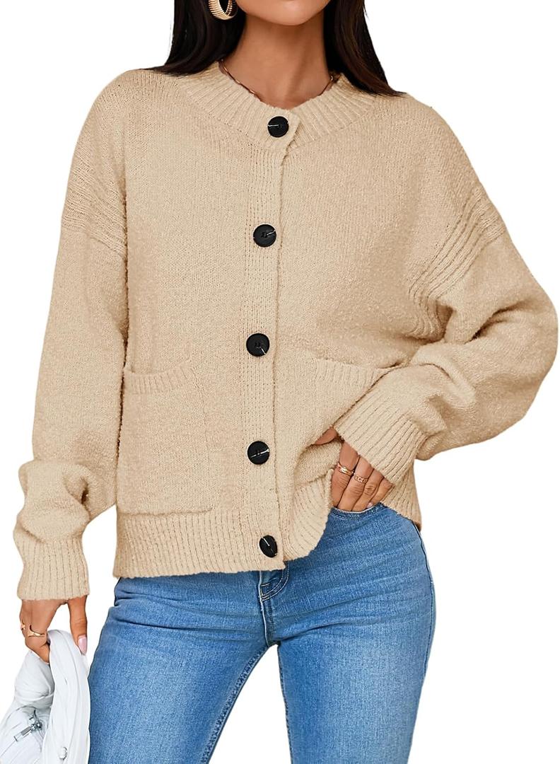 Saodimallsu Womens Button Up Cardigans Fall Crew Neck Fuzzy Knit Long Sleeve Cropped Sweater Jacket with Pockets (Medium, Apricot)
