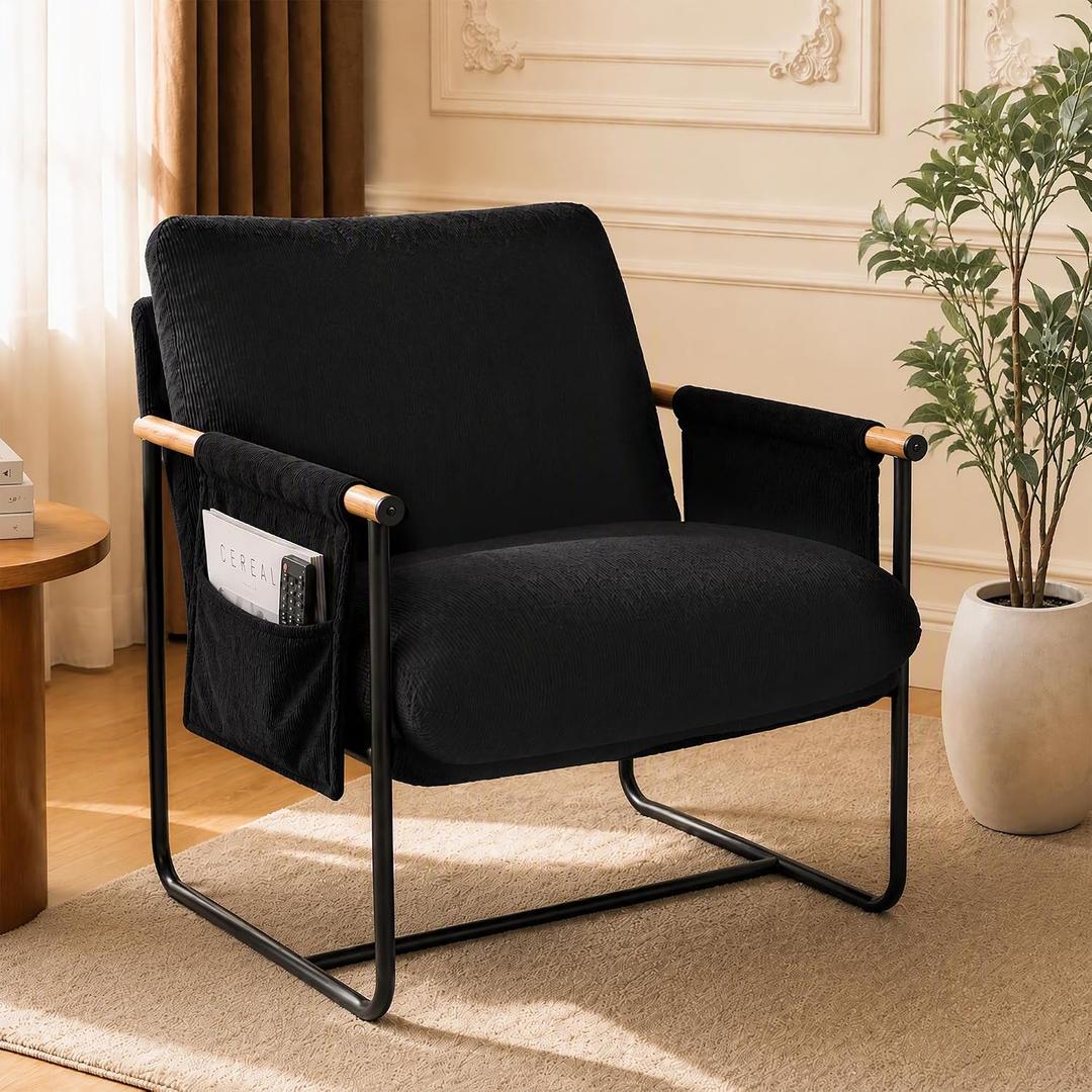 Modern Accent Chair, Plush Boucle Fabric Armchair with Soft Cushion, Cozy Reading Chair for Living Room, Bedroom, Home Office, Black (Set of 1)