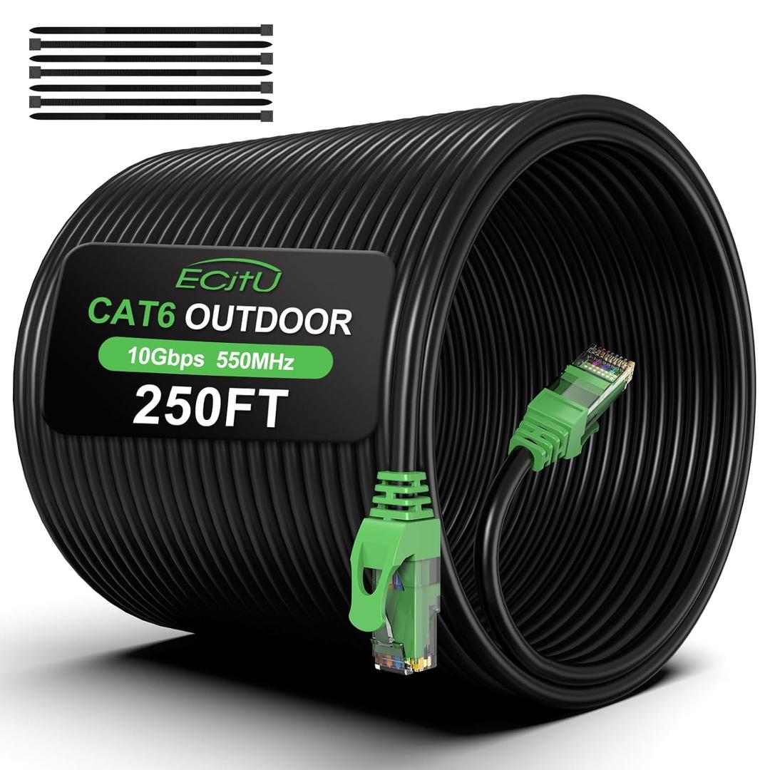 250FT Cat6 Outdoor Ethernet Cable, In-Ground, Heavy Duty Direct Burial, 24AWG CCA Patch Cord for Laptops, PCs, Routers, Printers, Surveillance Camera, PoE, UTP Cat 6 Internet Cable with 25 Cable Ties