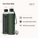 KIVY Glass Water Bottle with Silicone Sleeve 32 oz [WITH MEASUREMENT] - Borosilicate Glass Water Bottle Screw Top - Clear Bottles with Measurement Marking - Slim Waterbottle Aesthetic - Dark Blue
