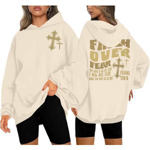 Christian Hoodies Women Faith Over Fear Hooded Sweatshirt Religious Pray Shirt Jesus Bible Verse Long Sleeve Pullover (XL)