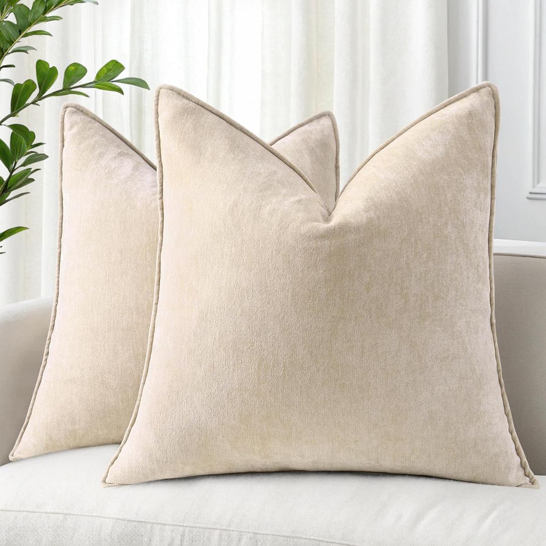 decorUhome Couch Throw Pillow Covers 16x16 Set of 2, Decorative Soft Neutral Chenille Pillow Covers with Elegant Design for Sofa Bed Living Room Home Decor, Beige