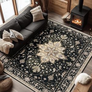 RELEANY Area Rugs 6'x9' Washable Non-Slip, Floral Vintage Distress Medallion Carpet for Living Room Bedroom Dining Room, Black Brown Neutral Dark Tan