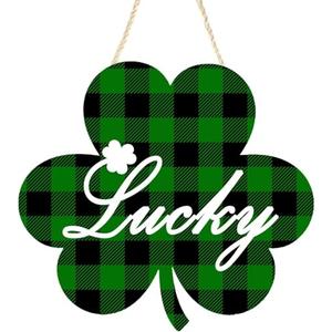 Shamrock Wooden Hanging Sign for Spring Summer, Buffalo Plaid Lucky Decorations Wall Hanger for Front Door, Farmhouse Wood Wreath for Indoor Outdoor Decor