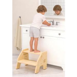 Toddler Step Stool Wooden 2 Step - Non-Slip Kids Stool for Bathroom Sink with Adjustable Height and Cute Pattern - 300lbs Support Stepping Stool for Bathroom Kitchen Childrens Room