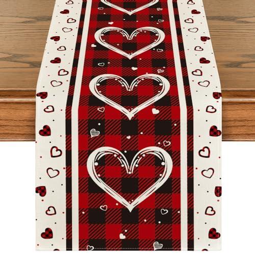 Artoid Mode Buffalo Plaid Love Hearts Valentine's Day Table Runner, Seasonal Kitchen Dining Table Decoration for Indoor Home Party 13x60 Inch