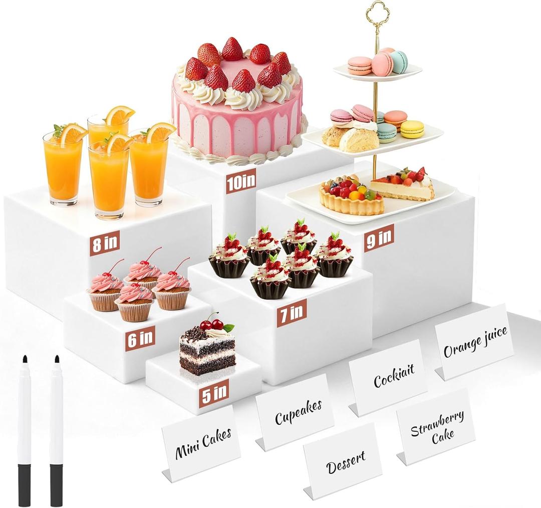 6Pcs Buffet Risers with Mini Sign and Maker, Acrylic Food Risers for Buffet Table, White Food Display Stands for Party, Collectibles Jewelry Display Stand, Acrylic Boxes Nesting Risers(10",9",8",7",6",5")