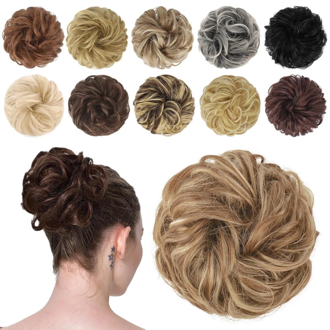 FESHFEN Messy Bun Hair Piece - Wavy Synthetic Chignon Scrunchies for Instant Volume, Elastic Bun Ponytail Hair Extensions Thick Hairpieces for Women, Light Brown & Mixed Blonde 1.50 oz