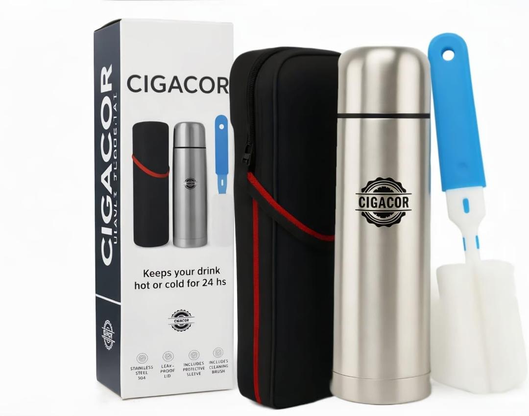 CIGACOR Stainless Steel Insulated Bottle 17oz Coffee Travel Mug Keeps Drinks Hot for 12 Hours & Cold for 24 Leakproof Lid Fits Car Cup Holders Ideal for Office, Gym & Travel
