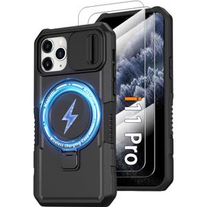 Magnetic Case for iPhone 11 Pro with Ring Stand [Glass Screen Protector] [Compatible with MagSafe] Military Grade Case with Camera Cover, Heavy Duty Shockproof Cover for iPhone 11 Pro 5.8 inch, Black