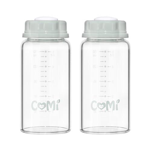 COMI Natural Glass Baby Bottle,Breastmilk Storage Bottle for Fridge,Breast Milk Container,Breast Pump Bottle Compatible with Medela Breast Pump,BPA Free,2PCS (5oz,2 Gray Lids)